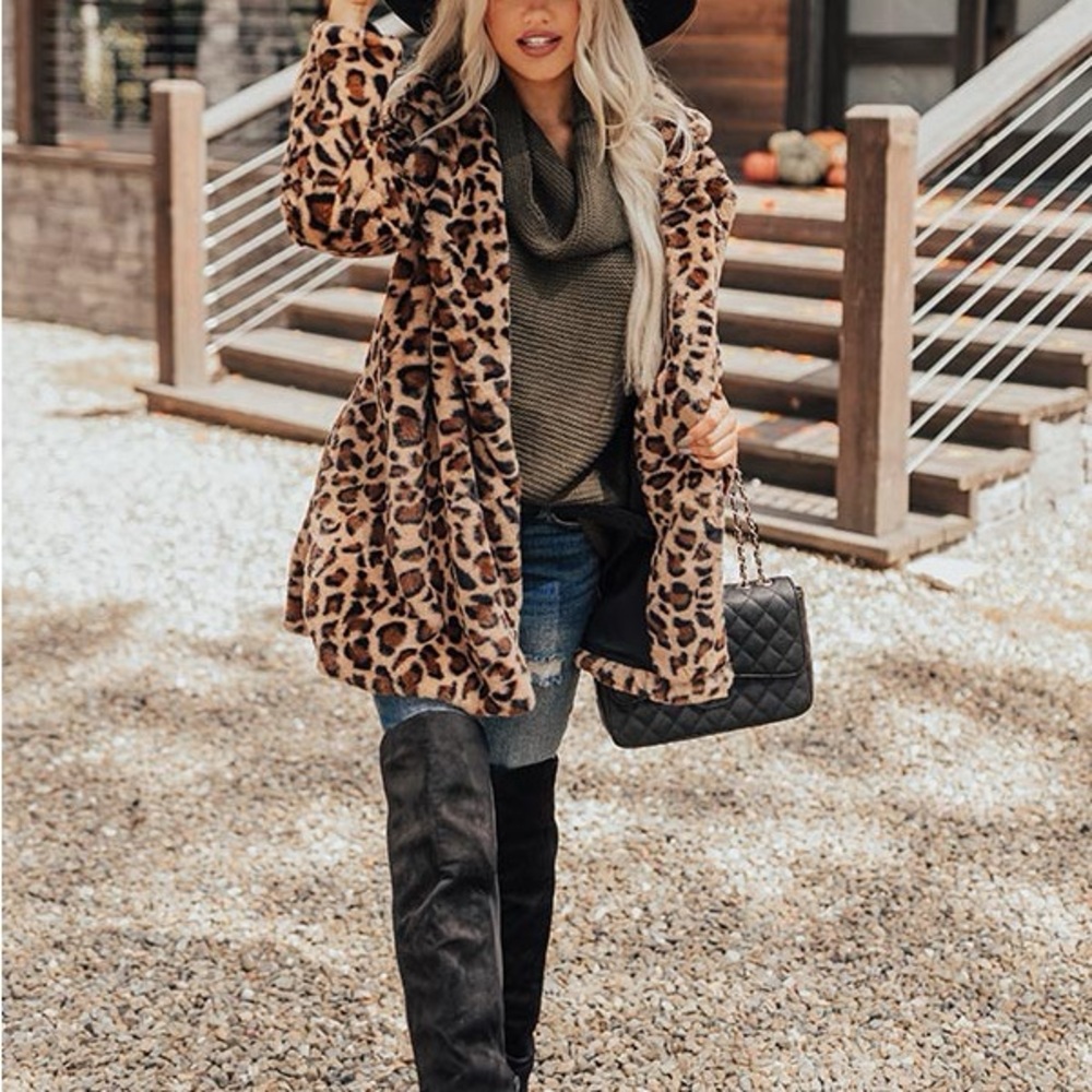 leopard animal print plush coat lapel jacket